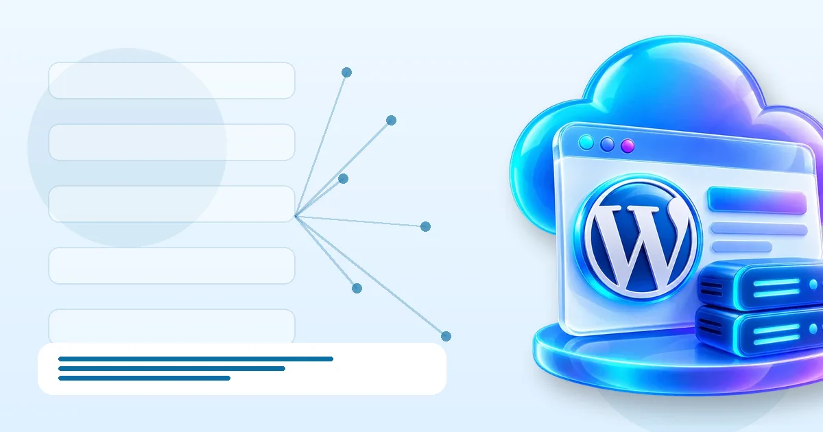 המחשה של אתר WordPress עסקי המחובר לענן ולשרת אחסון